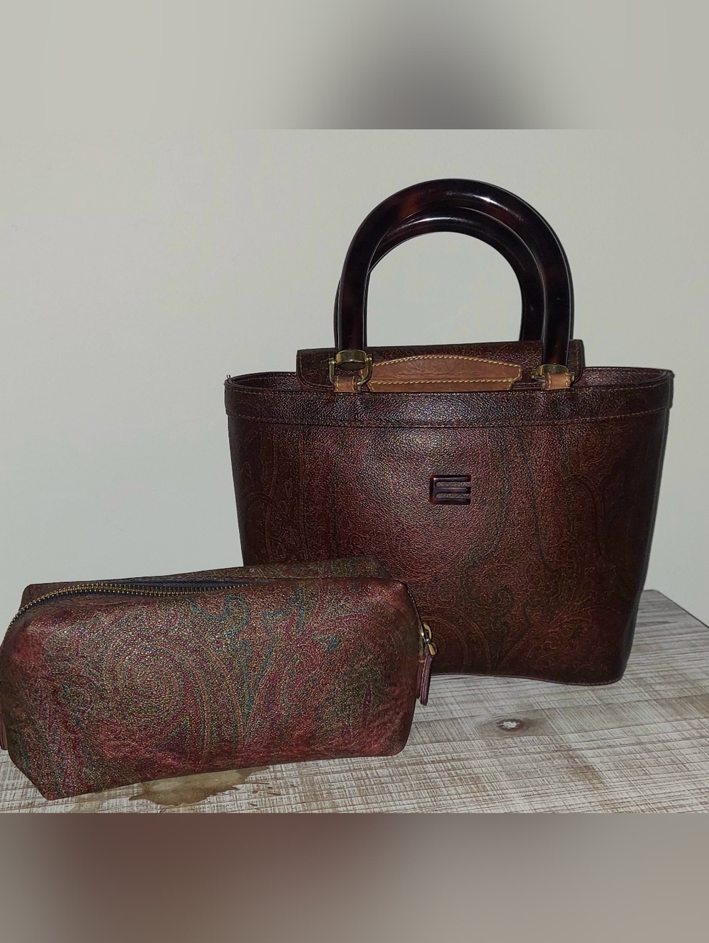 ETRO Vintage Brown Paisley Tote Bag with Pouch